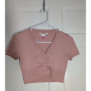 No Boundaries Pink Cropped Cardigan Short Sleeve Button-Front Sweater Size XS